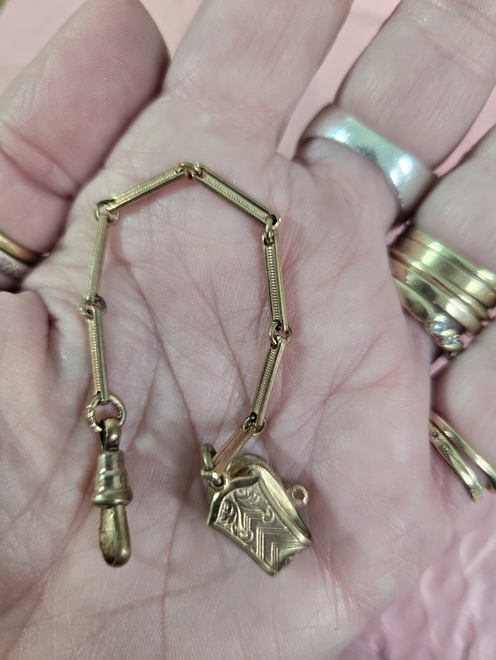 Vintage Gold Filled Watch Chain Bracelet with Engraved Slide